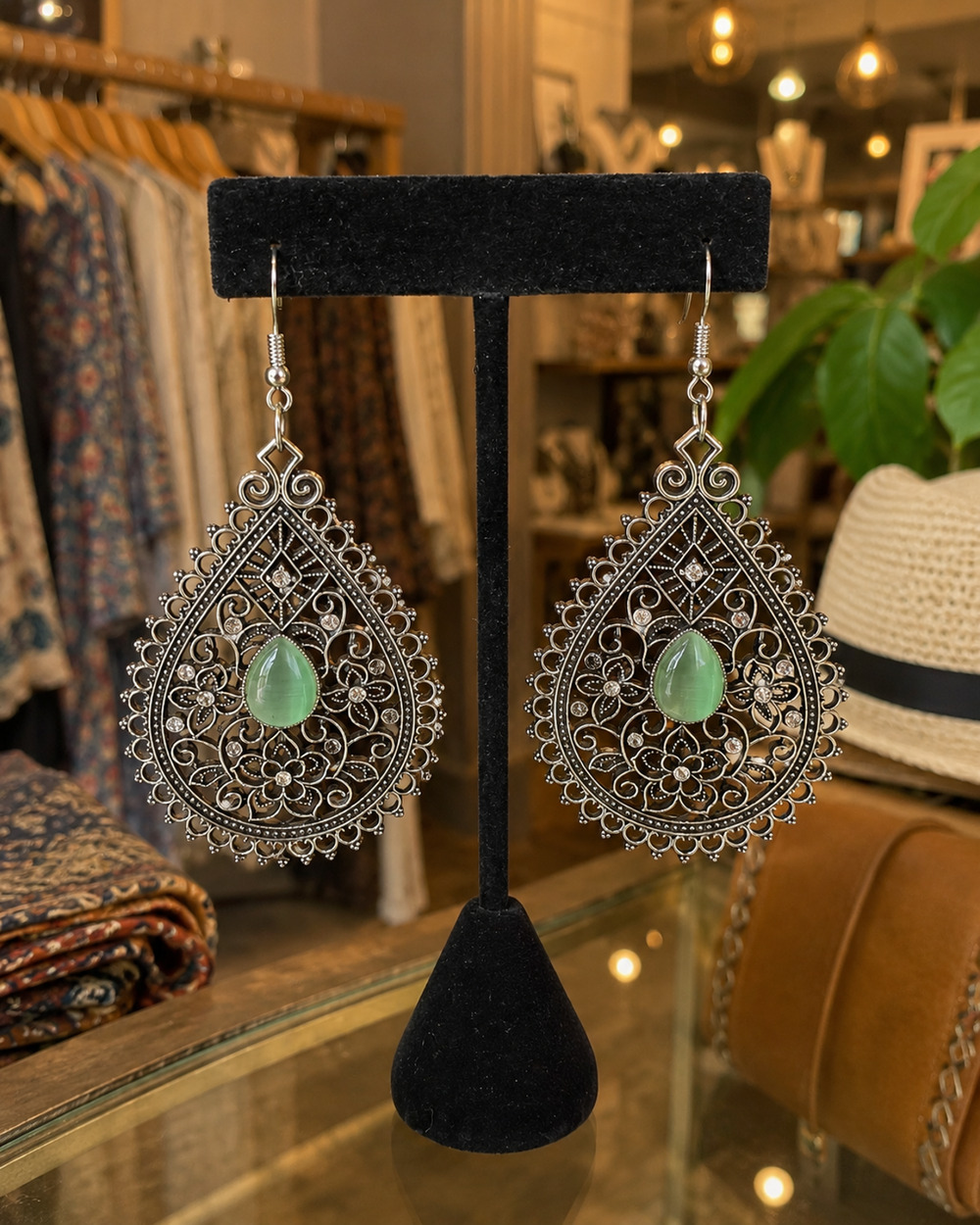 Boho Filigree Teardrop Dangle Earrings Green Cats Eye Rhinestone Silver Tone